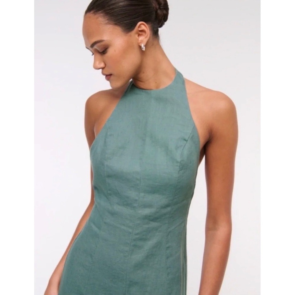 Abercrombie & Fitch Linen Halter Maxi Dress Sage Green High Neck Medium - Picture 2 of 11